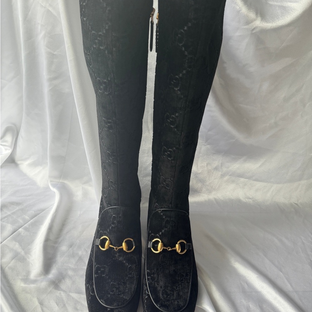 Gucci GG Knee High Velvet Crystal Boots